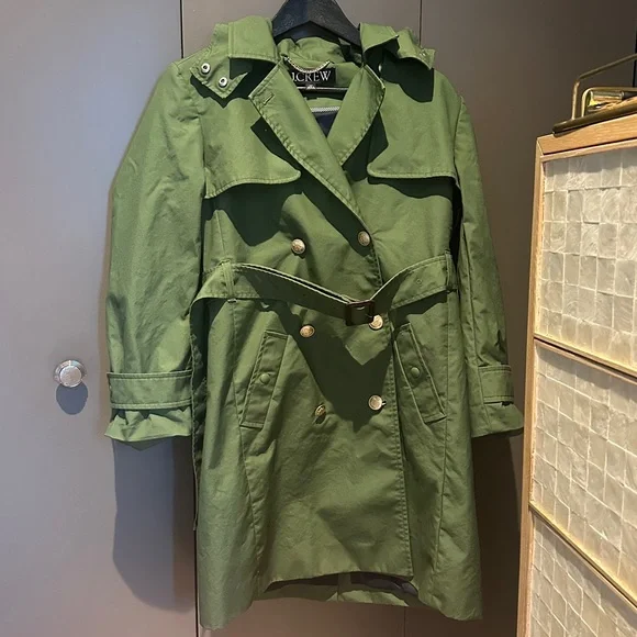 Crew Icon Green Double-Breasted Trench Coat Petite Removable Hood